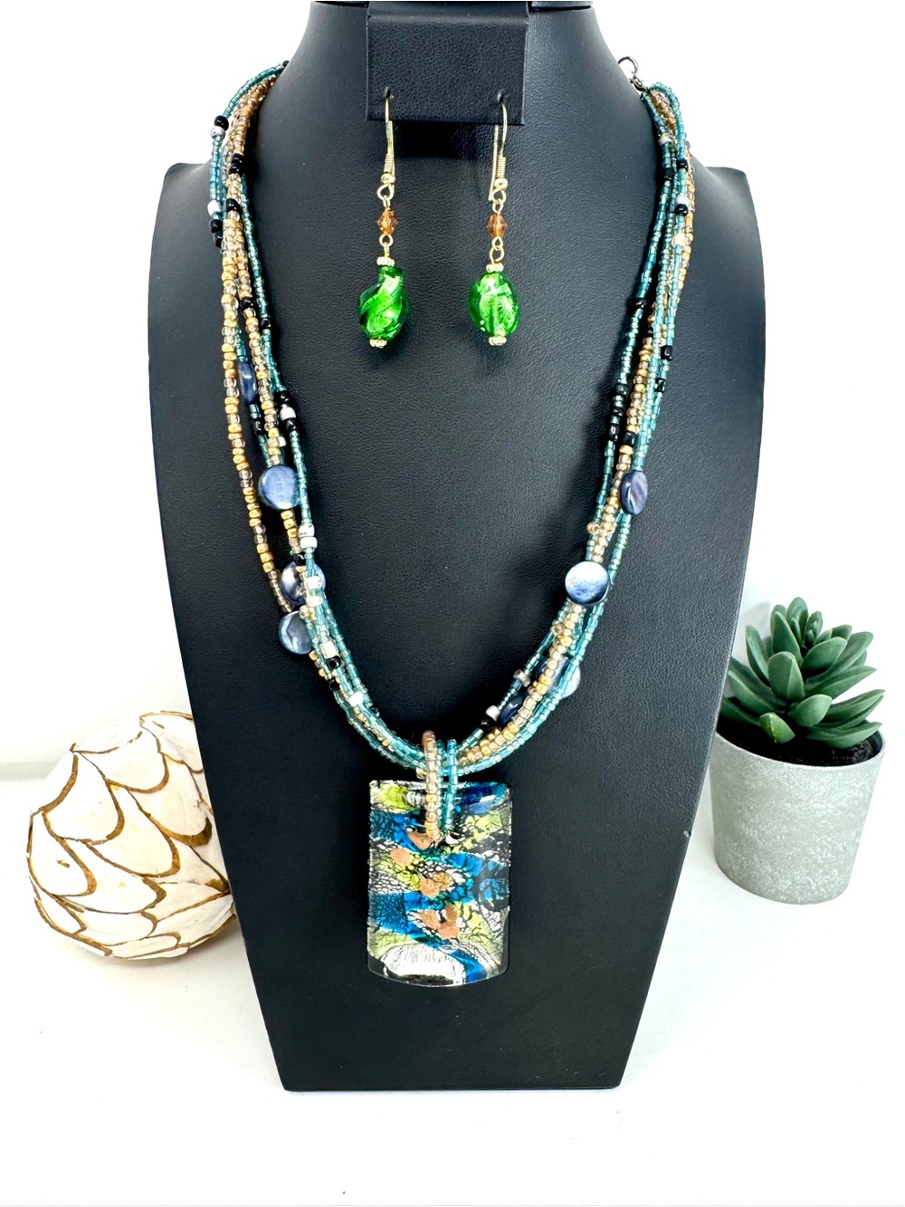 Artisan Dichroic Fused Glass Pendant Necklace & Earrings Set – Blue Green Boho